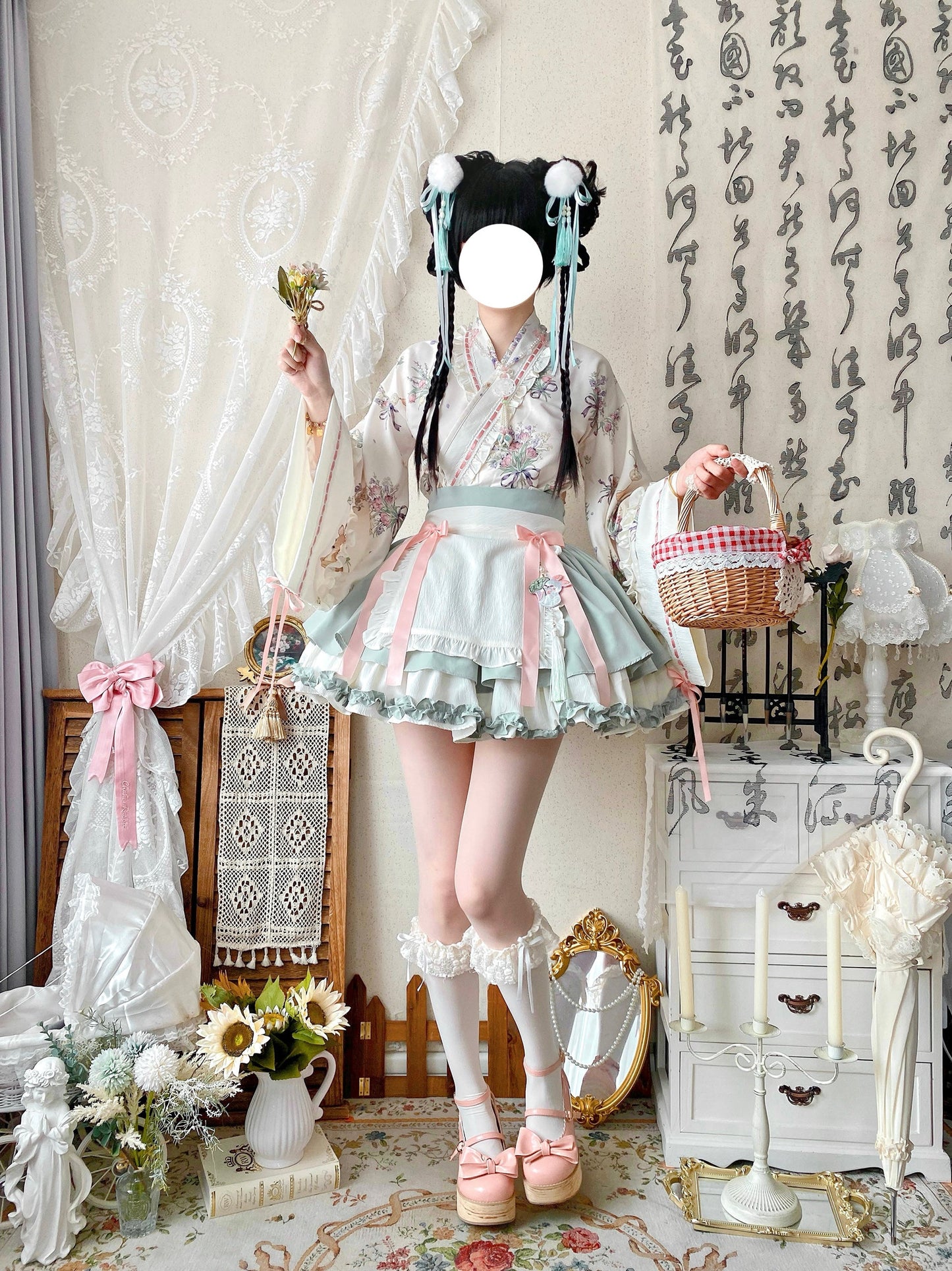 Qianmu - Little Herbalist - Han Lolita Skirt Outfit with Cross-collar Blouse and Apron