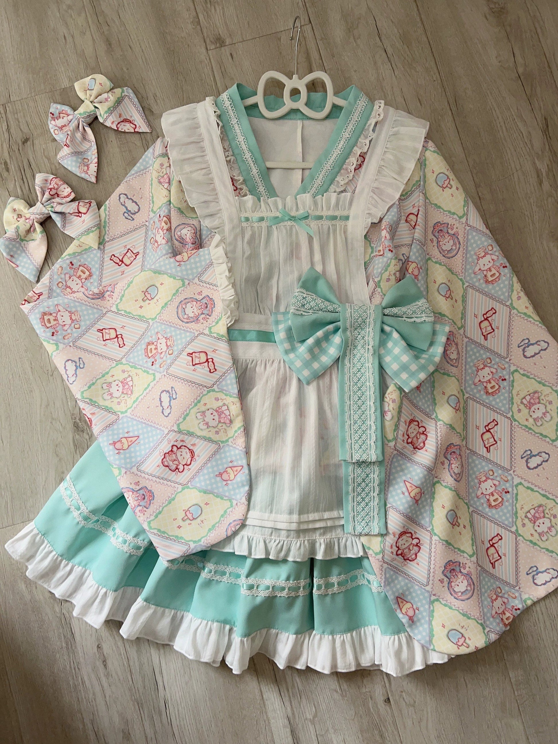 Sugar Girl - Showa Sweetness - Maid Wa Lolita Skirt Set Cute Summer Lolita Bow Apron
