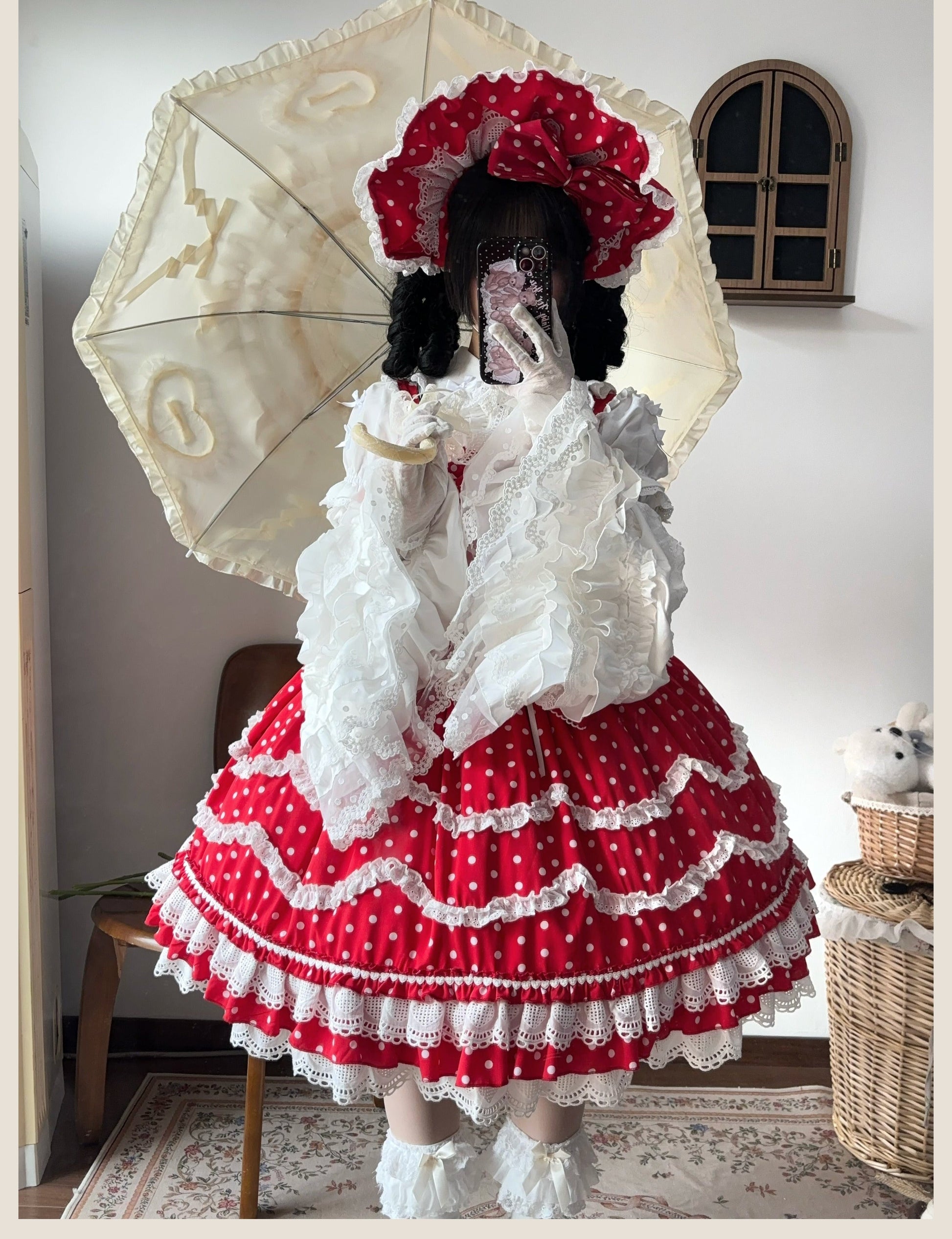 TaTaTa Lolita - Polka Bailys - Old School Lolita JSK Suit Red White Polka Dot Dress