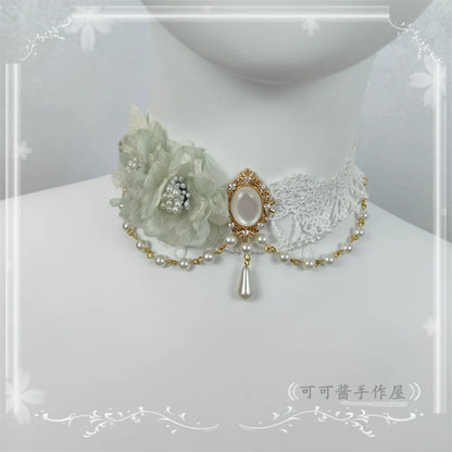 Cocoa Jam - Elegant Lolita Necklace Rose Gemstones and Pearl Necklace