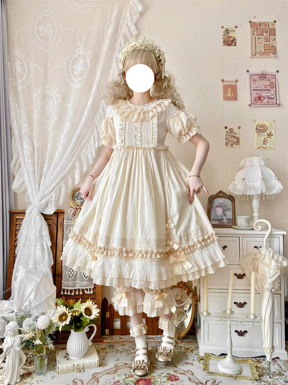 Ilovexiaolu - Meow Lullaby - Cotton Kawaii Lolita OP Dress with Removable Kitty Apron