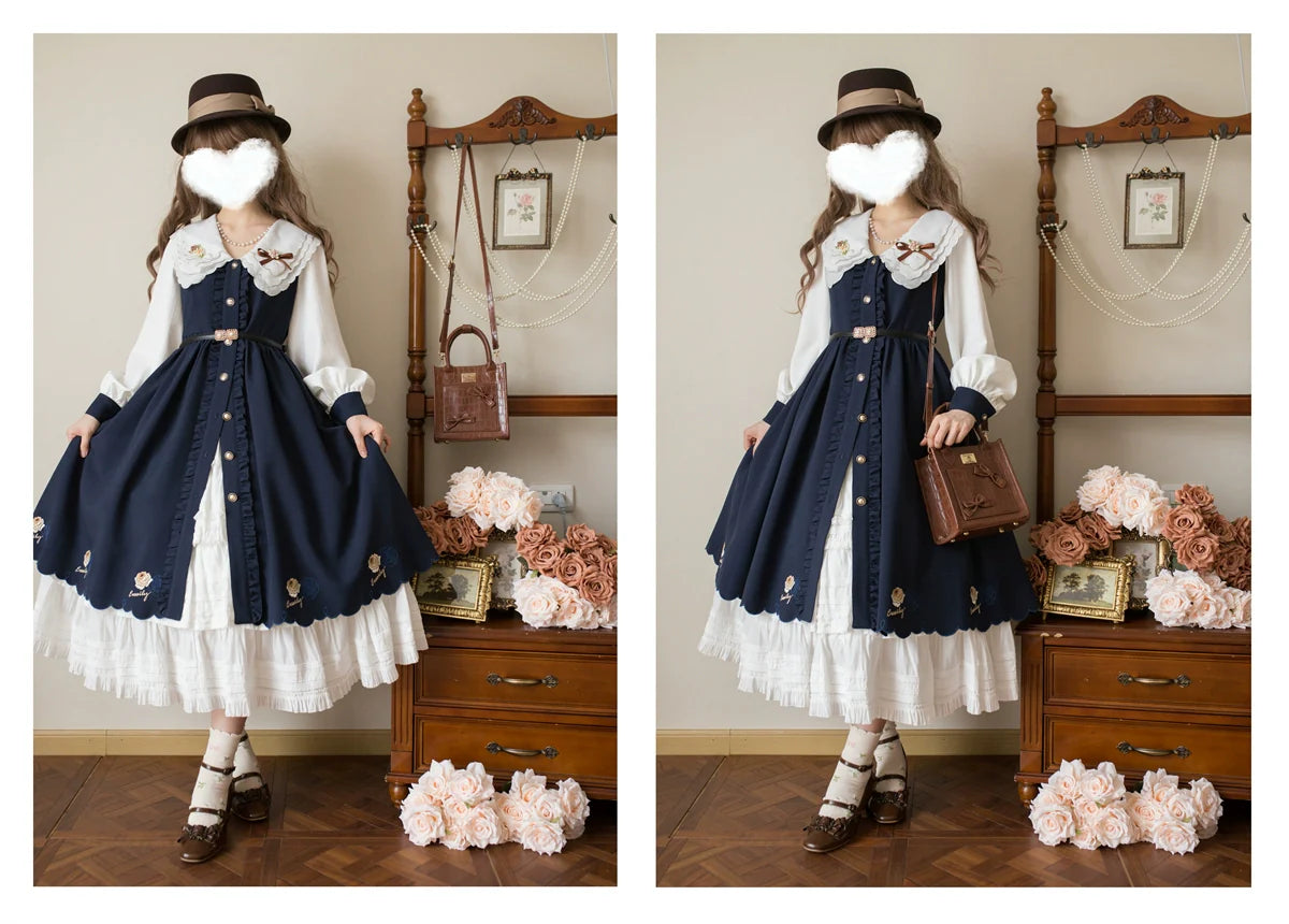 EESSILY - Window Rose - Classic Lolita OP Front Buttoned Embroidery Lolita Dress
