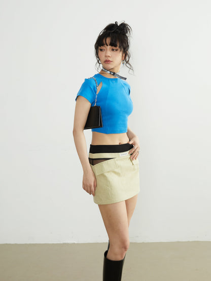 Hollow Contrast Color Low-waist Denim Skirt