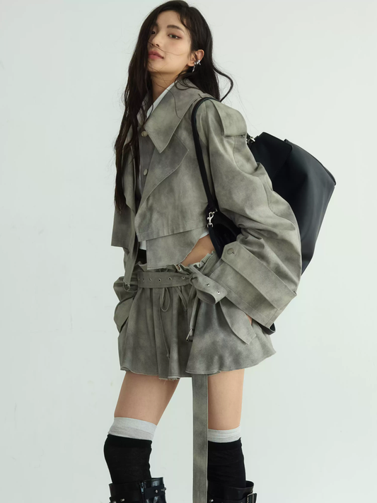 Tie-Dye Cut-Off Balloon-Sleeve Nichi Belt Jacket＆Mini-Skirt