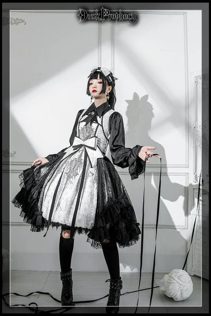 DuskProphecy - Coccyx - Elegant Lolita Dress High Waist Fishbone Print JSK Set