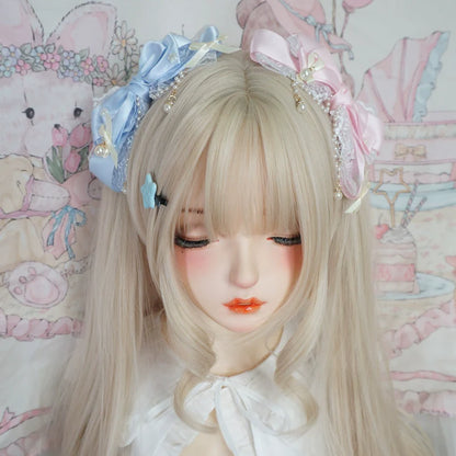 MaoJiang Handmade - Dreamy Sweet Lolita Layerd Bow Hair Clip, Pearl Accents