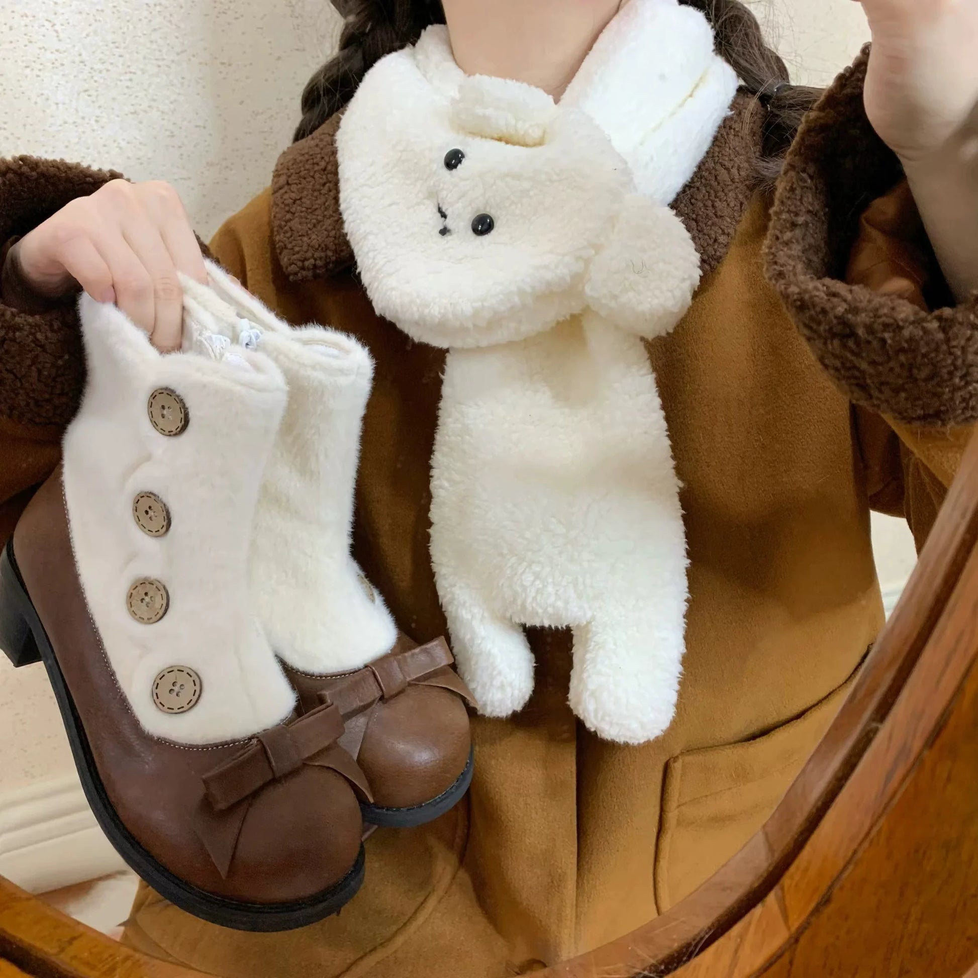 Dolly Doll - Winter Lolita Boots Fur Mary Jane Lolita Low Heel Shoes