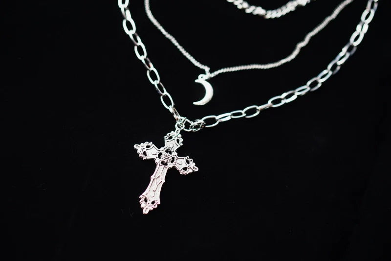Strange Sugar - Gothic Lolita Necklace Triple Layer Metal Cross Sweater Chain