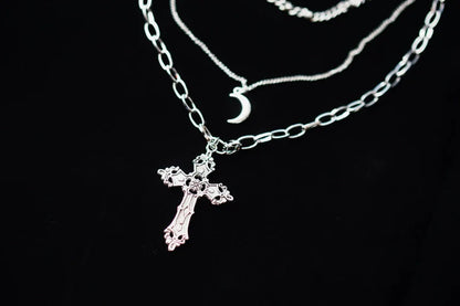 Strange Sugar - Gothic Lolita Necklace Triple Layer Metal Cross Sweater Chain