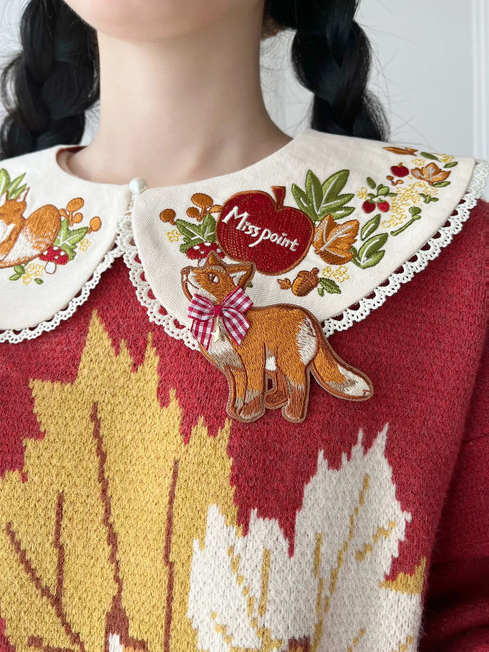Miss Point - Chubby Fox in the Forest - Kawaii Lolita Accessories Knitted Fox Scarf Embroidered Faux Collar