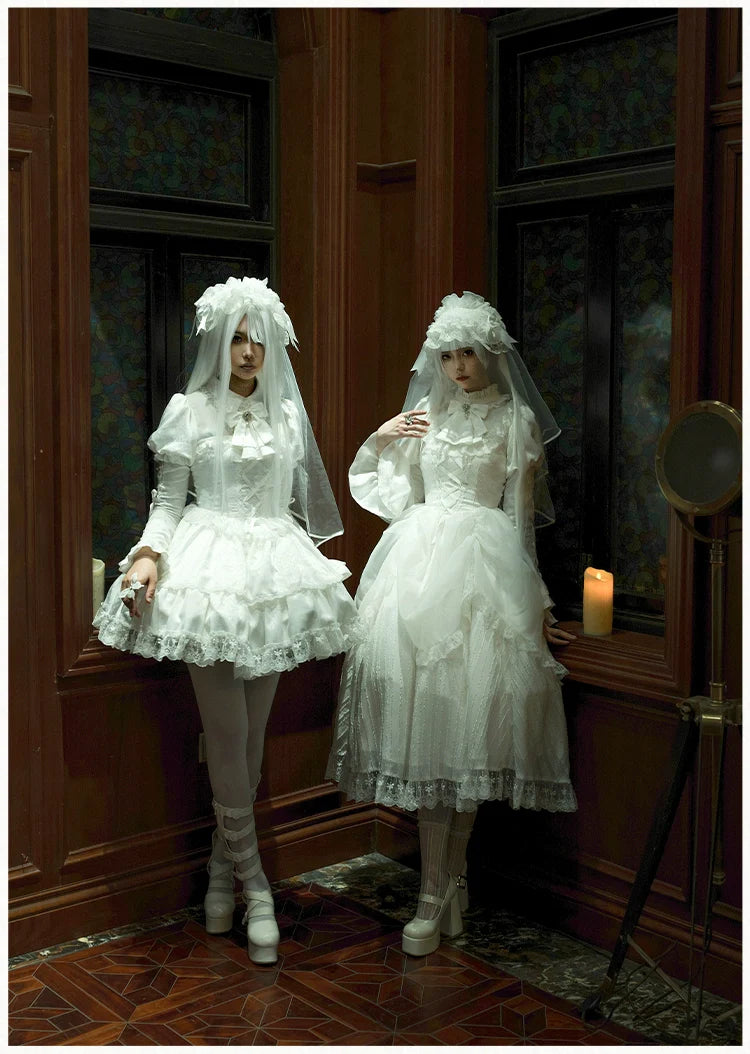 With PUJI - Fallen Heaven - White Gothic Lolita OP Set, Double Layered Skirt