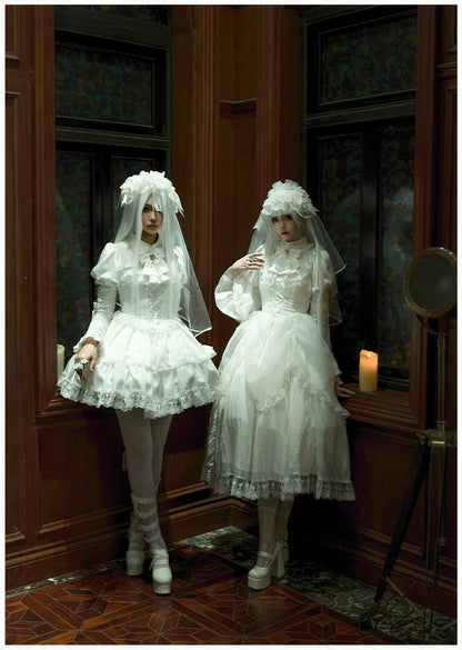 With PUJI - Fallen Heaven - White Gothic Lolita OP Set, Double Layered Skirt