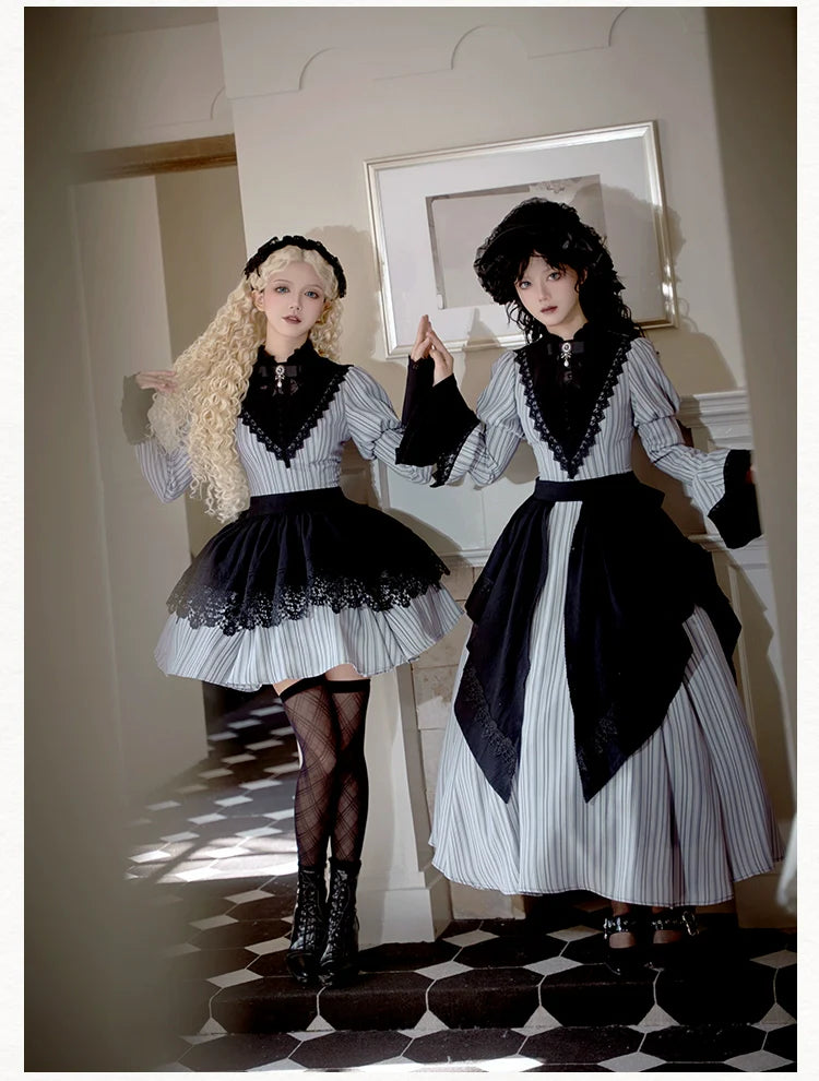 With PUJI - Nocturne SP - Striped Gothic Lolita OP Twin Lolita Dress with Apron