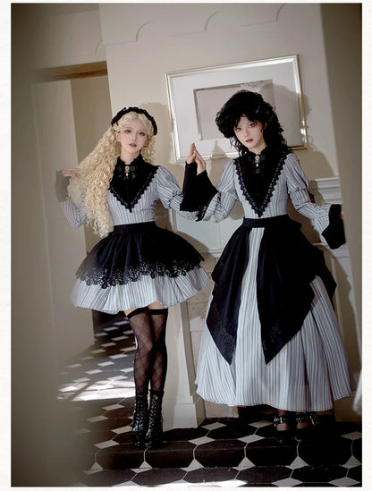 With PUJI - Nocturne SP - Striped Gothic Lolita OP Twin Lolita Dress with Apron