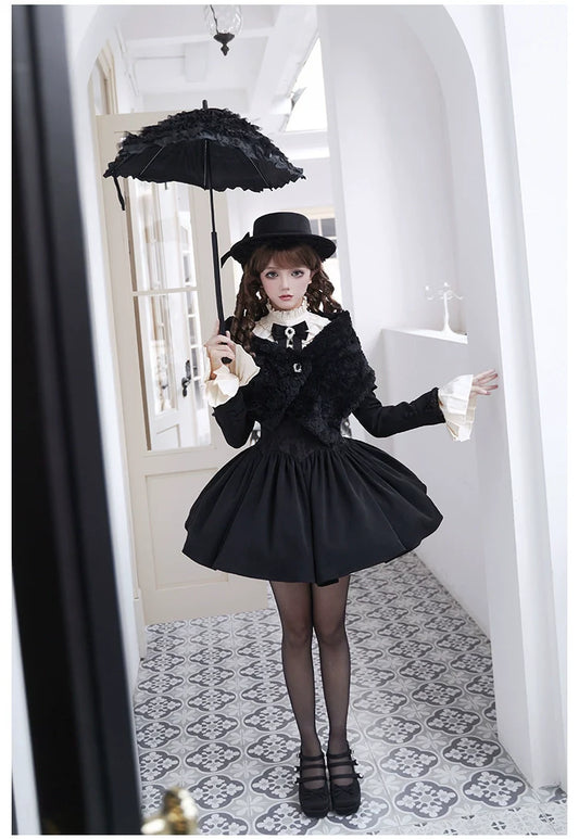 With PUJI - Old Testament - Classic Lolita Coat Black Plush Lolita Cape and Brooch