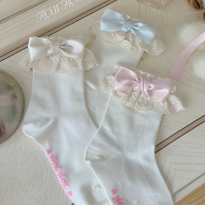 Roji Roji - Cotton Lolita Socks Lace Bow White Socks