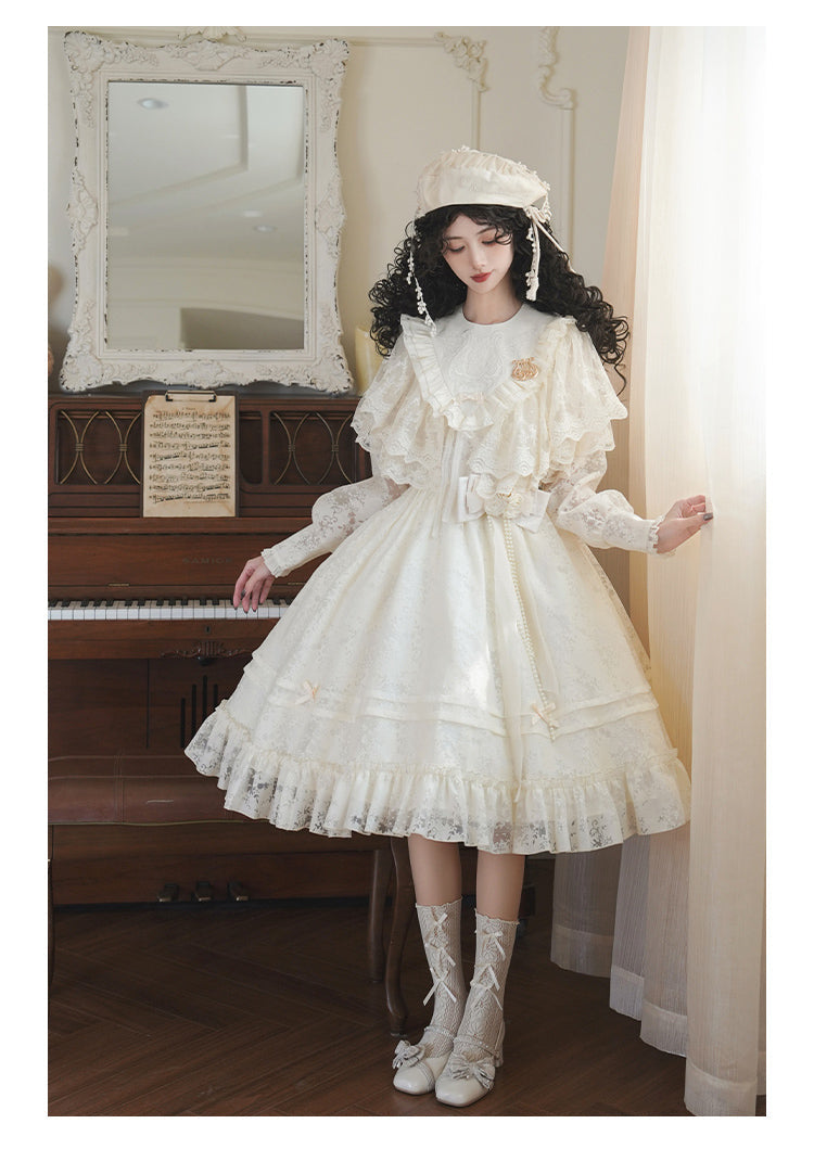 With PUJI - Floral Melody - Ivory Classic Lolita Long Sleeve OP Dress with Layered Bolero