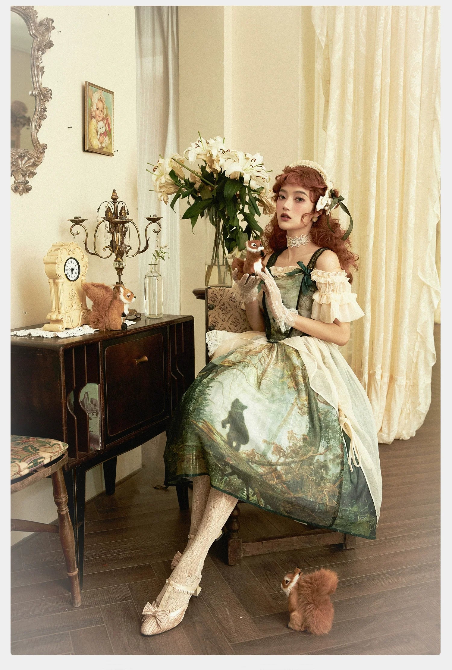 Cyan - Morning of Pine Forest - Elegant Lolita Bear Print Skirt