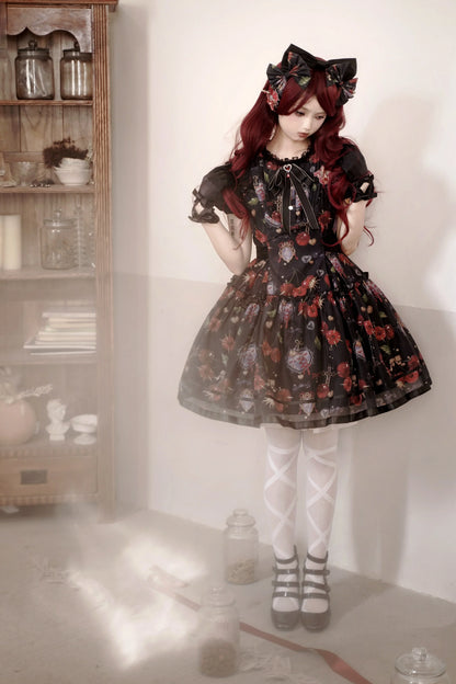 Gloaming - Sweet Lolita Cherry print Short Sleeve OP and SK Set