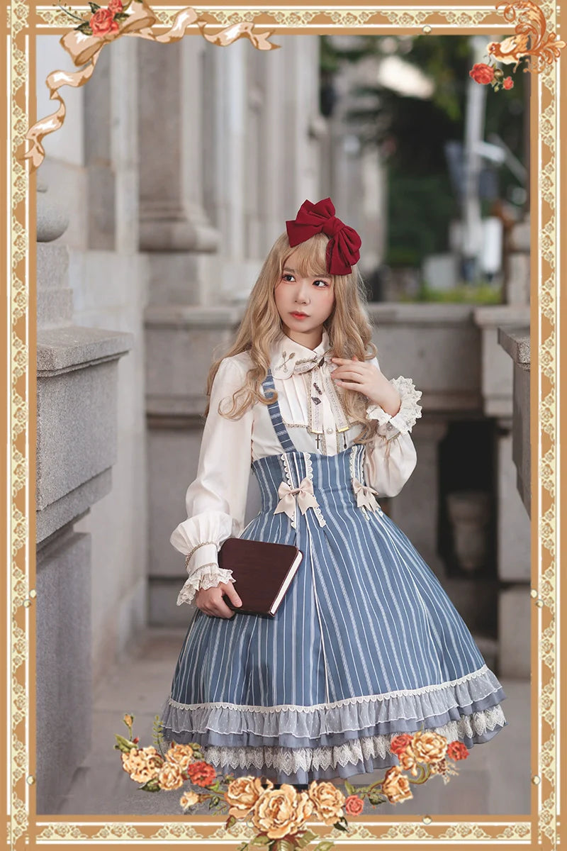 Infanta - Elegant Lolita Stripe High-waist Jumper Dress Set and Cape