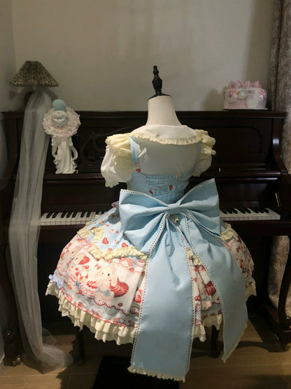 Sweet Dreamland - Bunny Party - Printed Sweet Lolita JSK, Bow Trailing