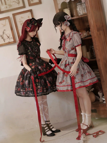 Gloaming - Sweet Lolita Cherry print Short Sleeve OP and SK Set