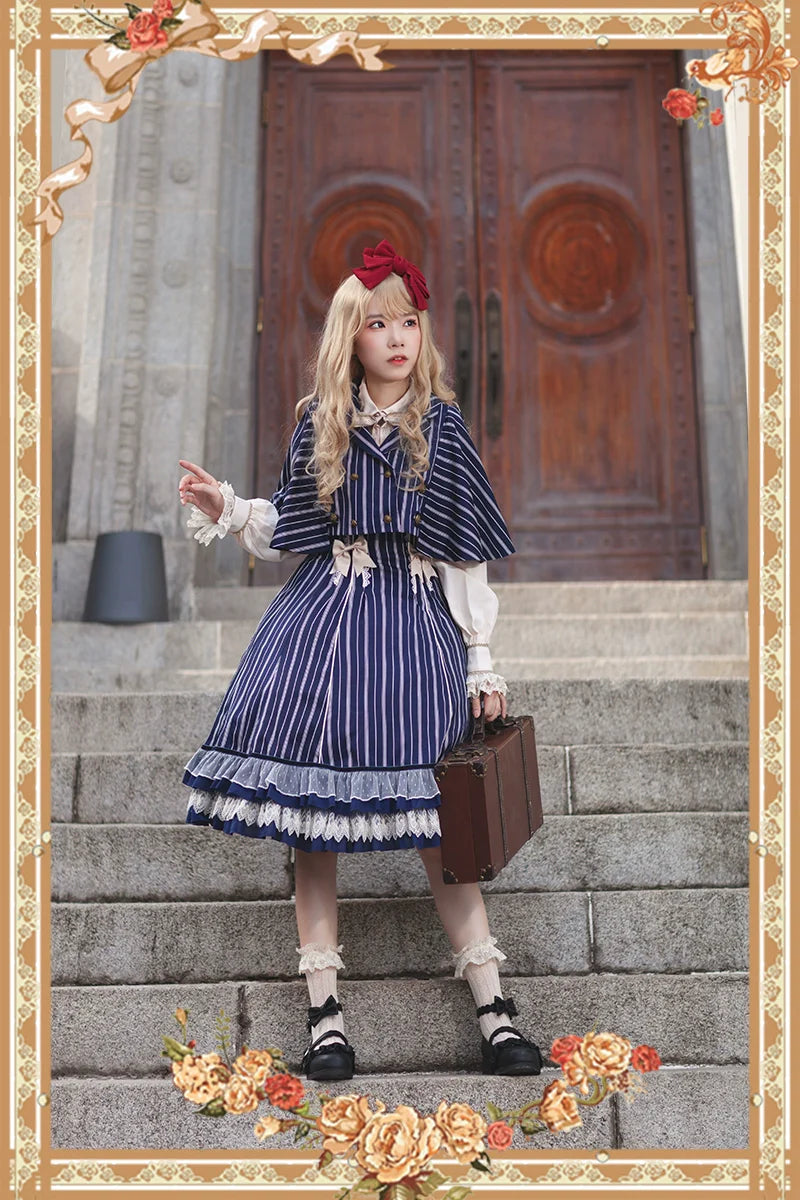 Infanta - Elegant Lolita Stripe High-waist Jumper Dress Set and Cape