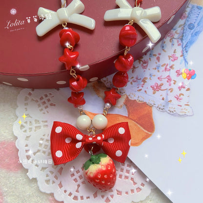 Bear Doll - Sweet Lolita Strawberry Necklace Red Polka Dot Bow