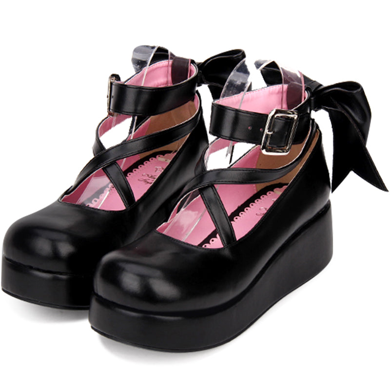 Angelic Imprint - Daily Lolita Leather Shoes Platform Medium Heel Big Bow Shoe