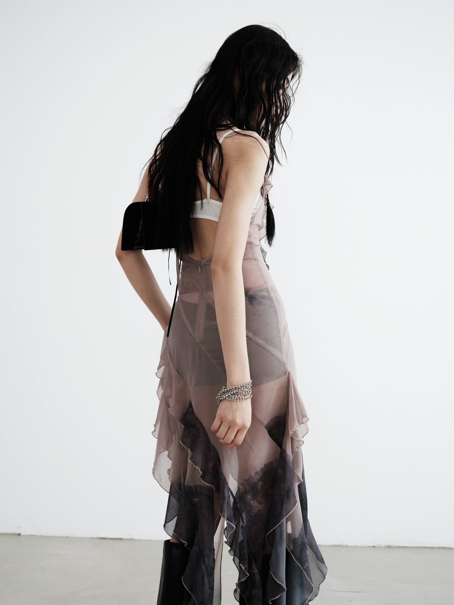 Dirty Smudge Print Irregular Chiffon Suspender Skirt