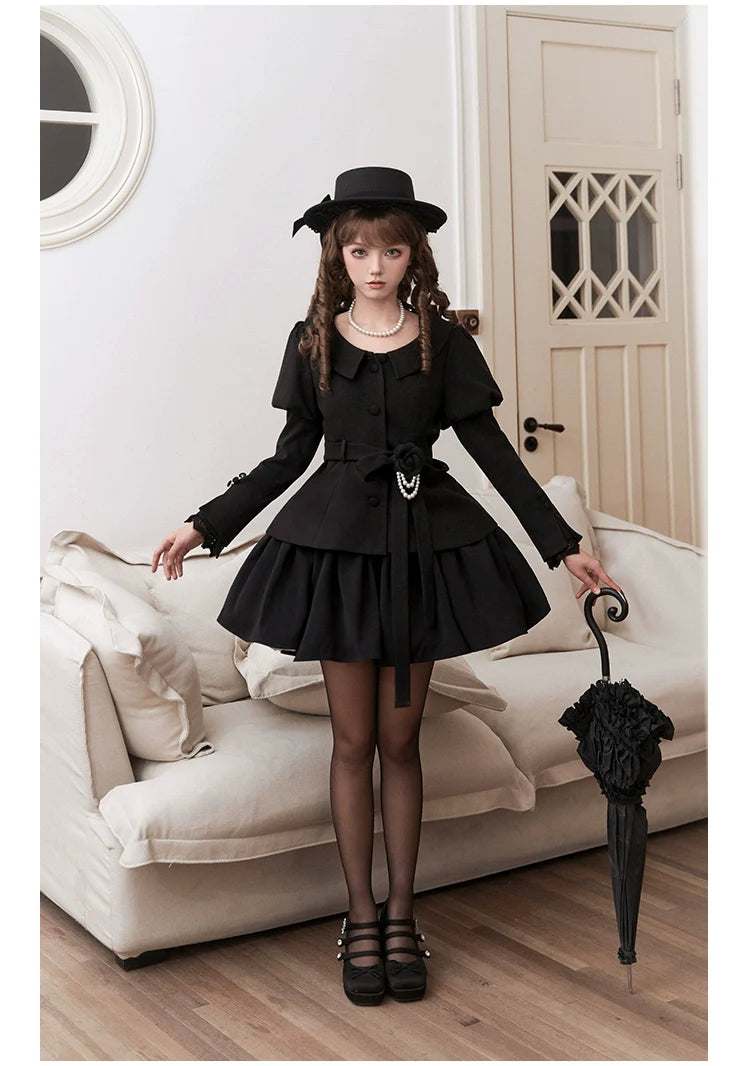 With PUJI - Old Testament - Classic Lolita Coat Black Plush Lolita Cape and Brooch