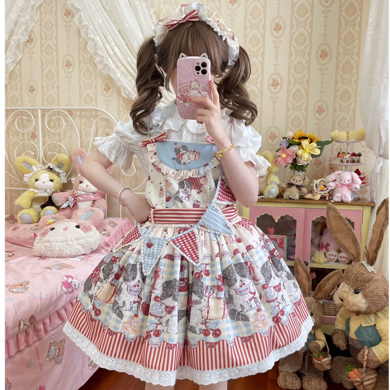 Akiyama Future Studio - Border Collie Cherry - Kawaii Lolita Salopette Cherry Print Dress