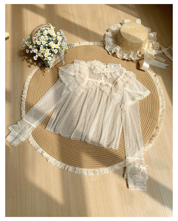 With PUJI - Letters and Poems - Summer Classic Lolita Shirt with Dotted Tulle and Long Sleeve