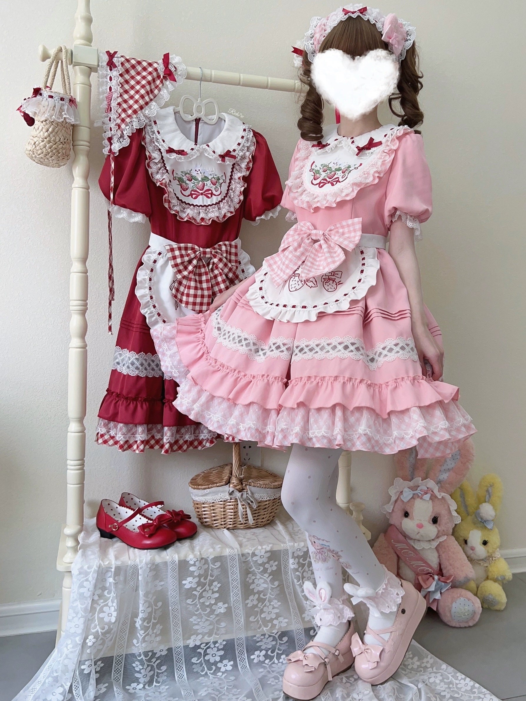 Sugar Girl - Strawberry Tea - Sweet Red Lolita OP Dress Short Sleeve Apron Dress