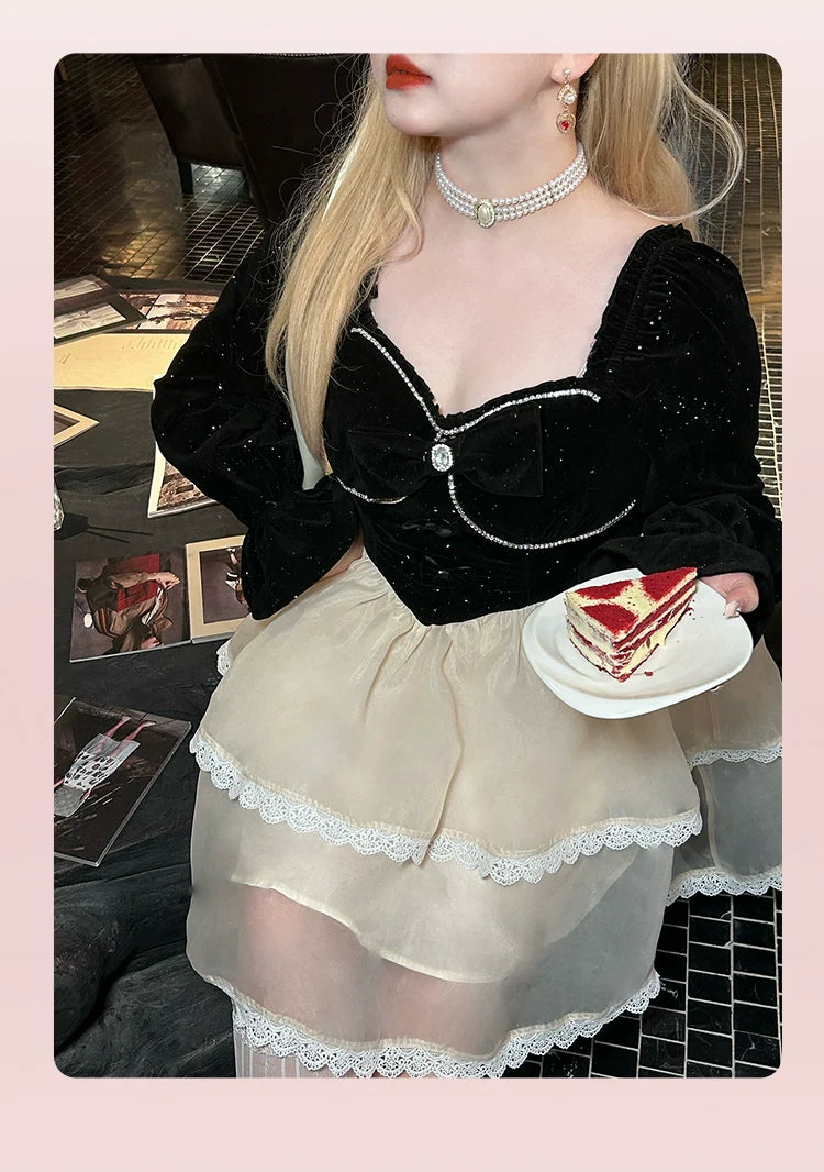 Yingtang - Plus Size Lolita Dress Velvet Long Sleeve