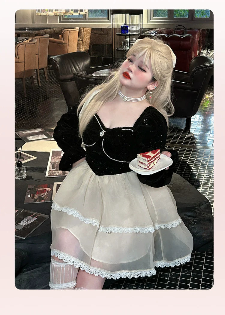 Yingtang - Plus Size Lolita Dress Velvet Long Sleeve