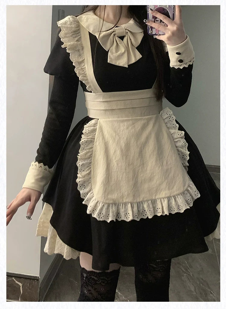 With PUJI - Kiss Kiss - Vintage Lolita OP Dress Maid Lolita Apron Dress