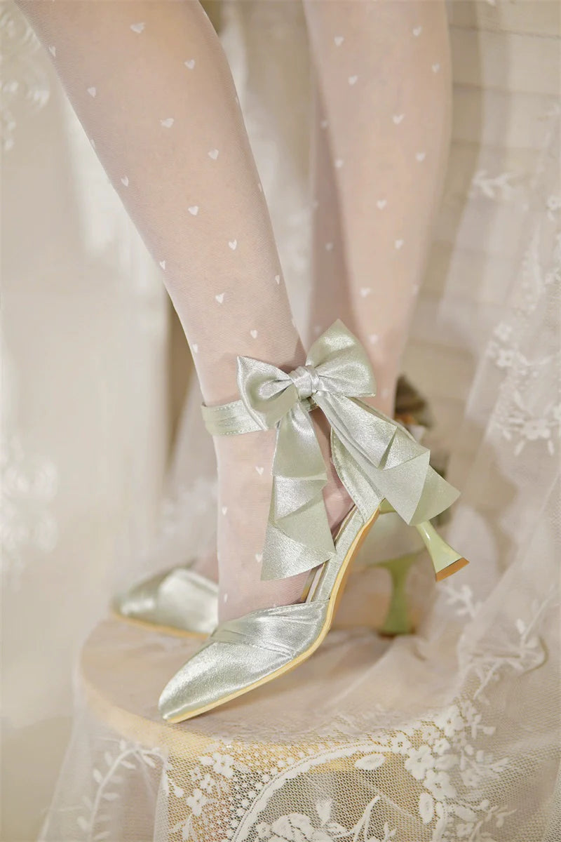 MR.Qiutian - Coronation - Elegant Lolita Shoes Satin Heels With Rose Buckle & Bow Clip