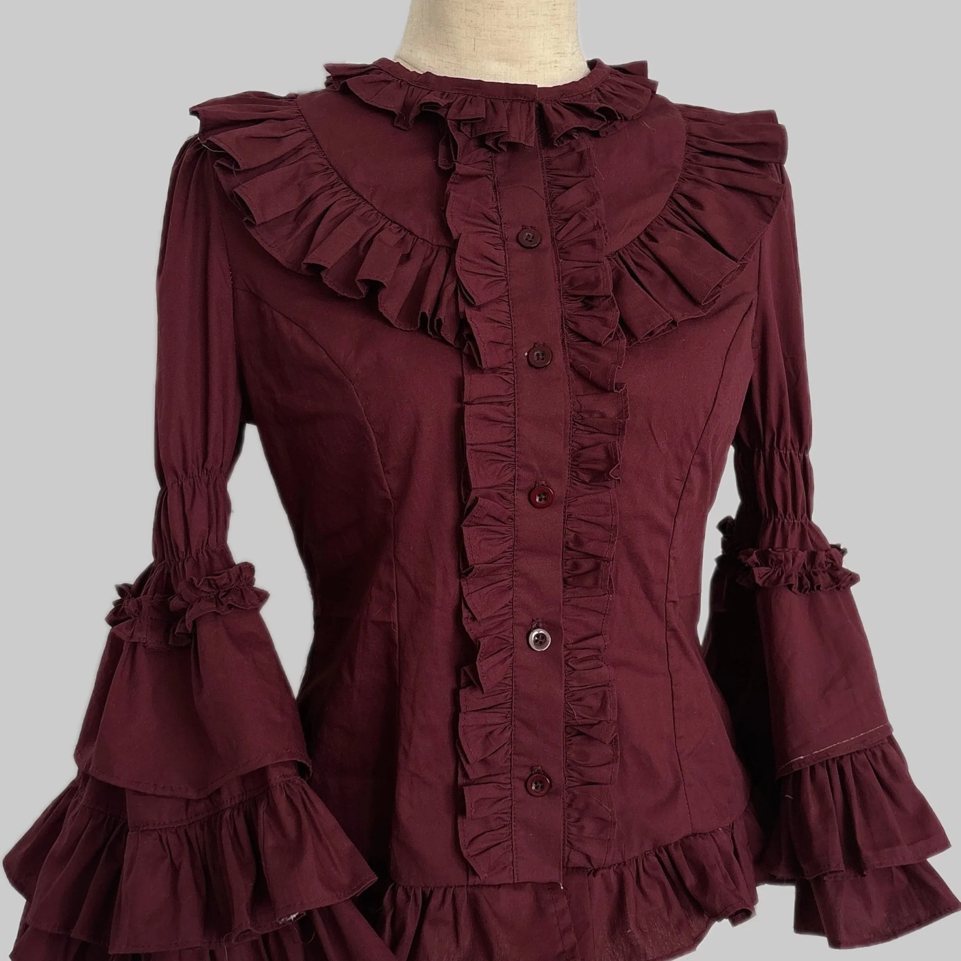 TaTaTa Lolita - Burgundy Rose - Old School Lolita Hime Sleeve Blouse, Ruffle Detail