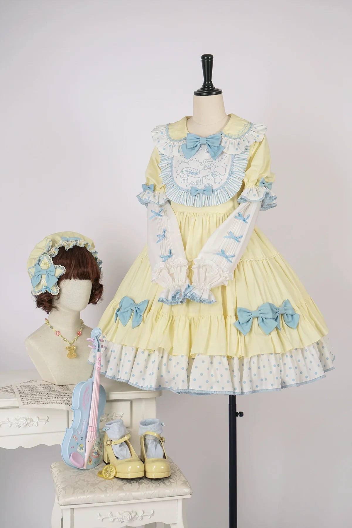 Vcastle - Sweet Lolita OP Dress Splicing Sleeve Apron Dot Print Dress