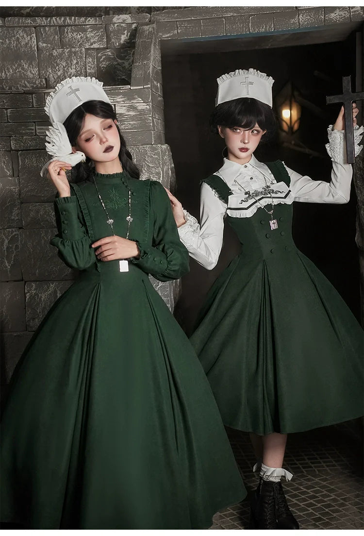With PUJI - Letter and Poetry ﾂｷ Abyss Clinic - Gothic Lolita Green Dress Set