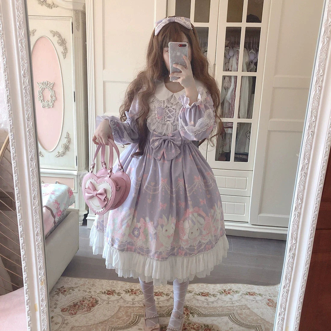 Doujiang - Kawaii Lolita OP Rabbit Print Pink Purple Lace Princess Dress
