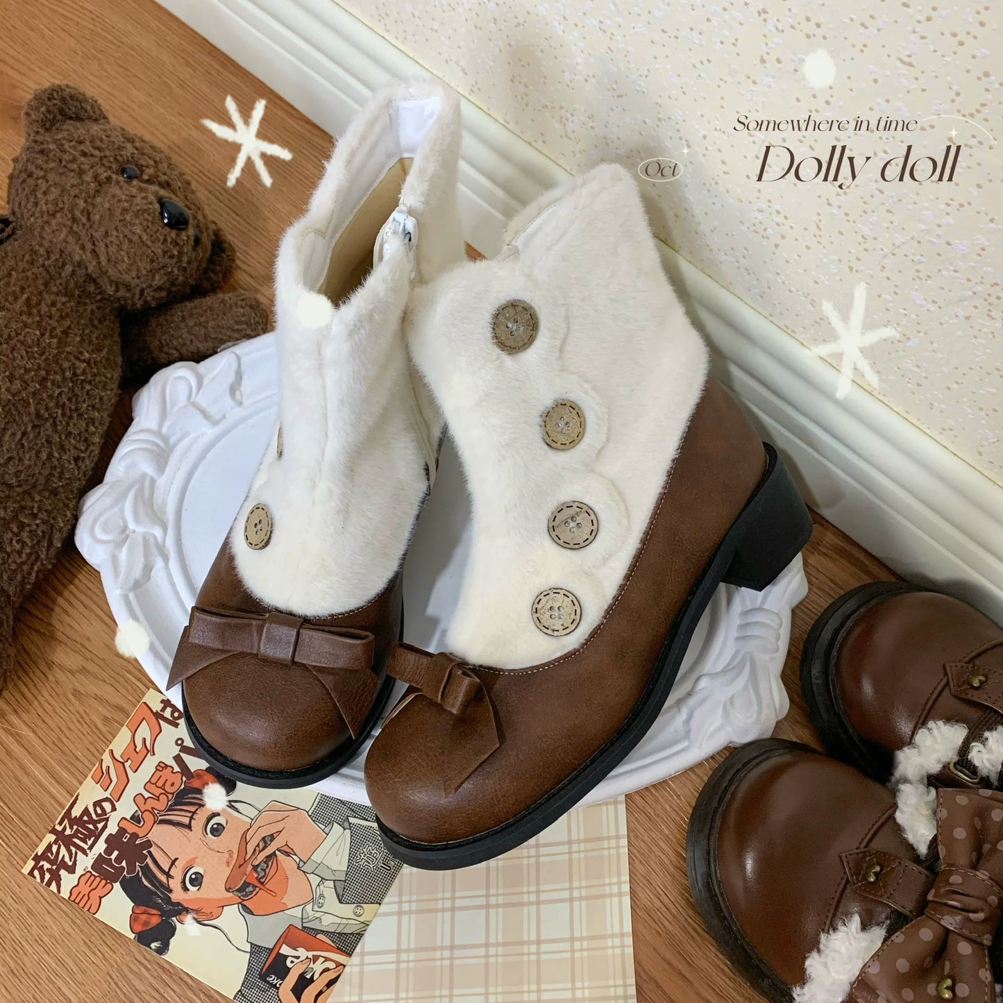 Dolly Doll - Winter Lolita Boots Fur Mary Jane Lolita Low Heel Shoes