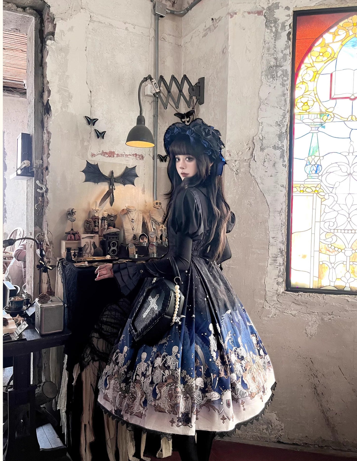 Nn Star - Dragonbone Lily - Dragon Skeleton Print Gothic Lolita Bust-supporting JSK and BNT
