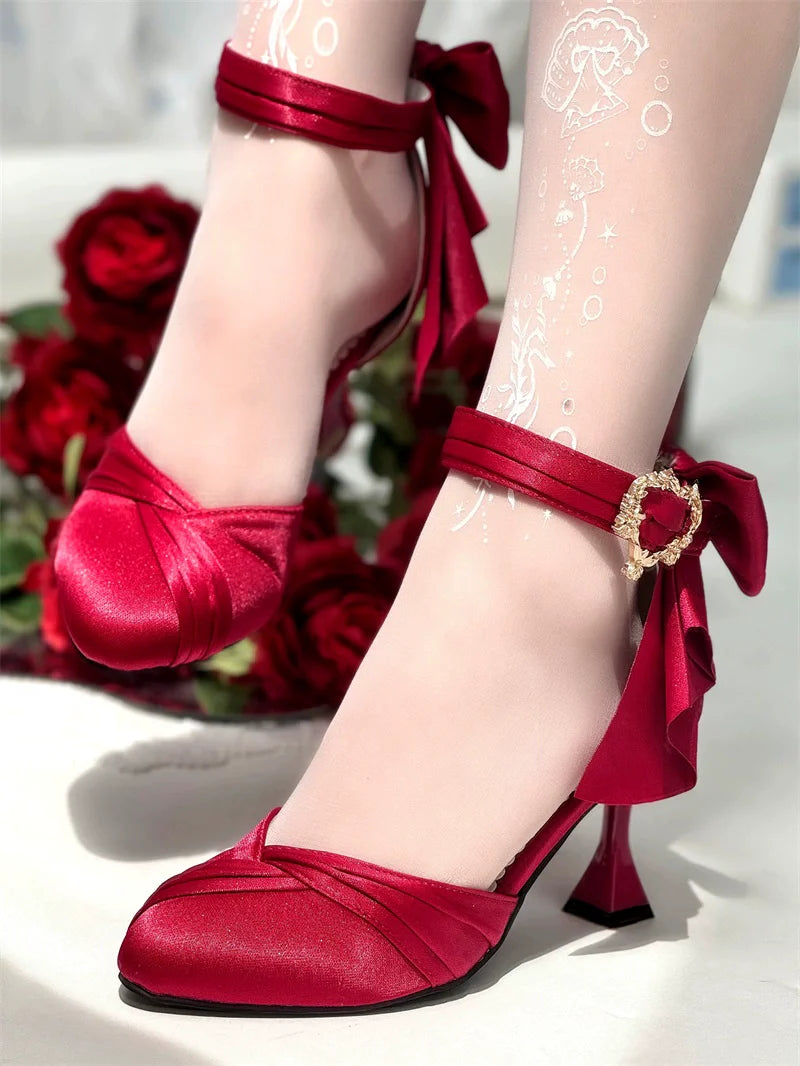 MR.Qiutian - Coronation - Elegant Lolita Shoes Satin Heels With Rose Buckle & Bow Clip