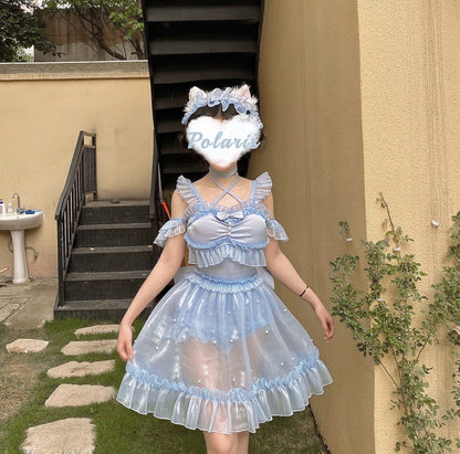 Polaris Lolita - Mermaid - Lolita Inspired Swimsuit with Tulle Overlay and Trailing