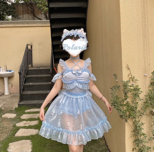 Polaris Lolita - Mermaid - Lolita Inspired Swimsuit with Tulle Overlay and Trailing