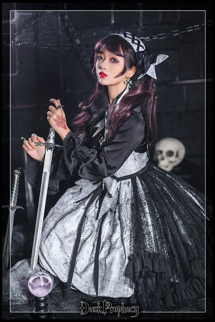 DuskProphecy - Coccyx - Elegant Lolita Dress High Waist Fishbone Print JSK Set