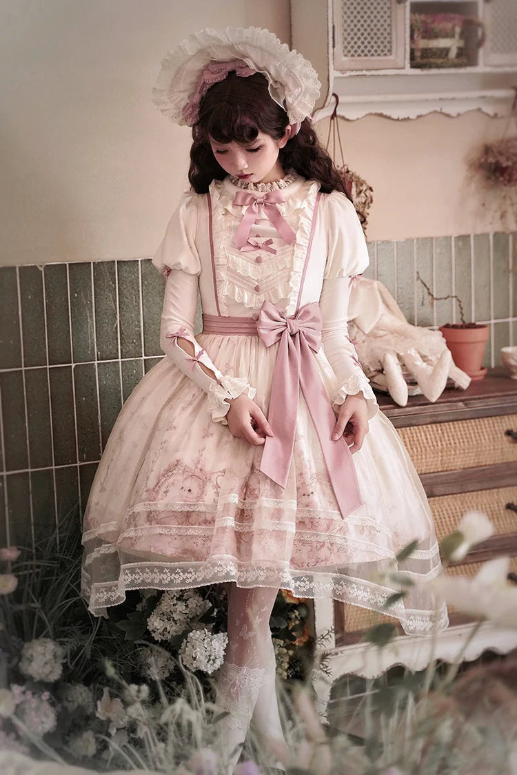 Half Sweet Lolita - Doll Garden - Sweet Lolita JSK Dress Cat Print Pink Dress Set