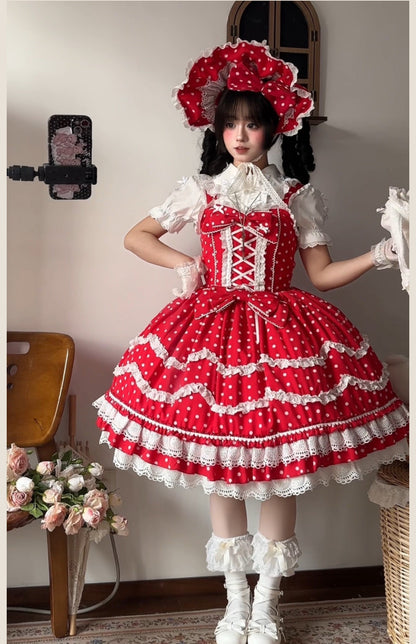 TaTaTa Lolita - Polka Bailys - Old School Lolita JSK Suit Red White Polka Dot Dress